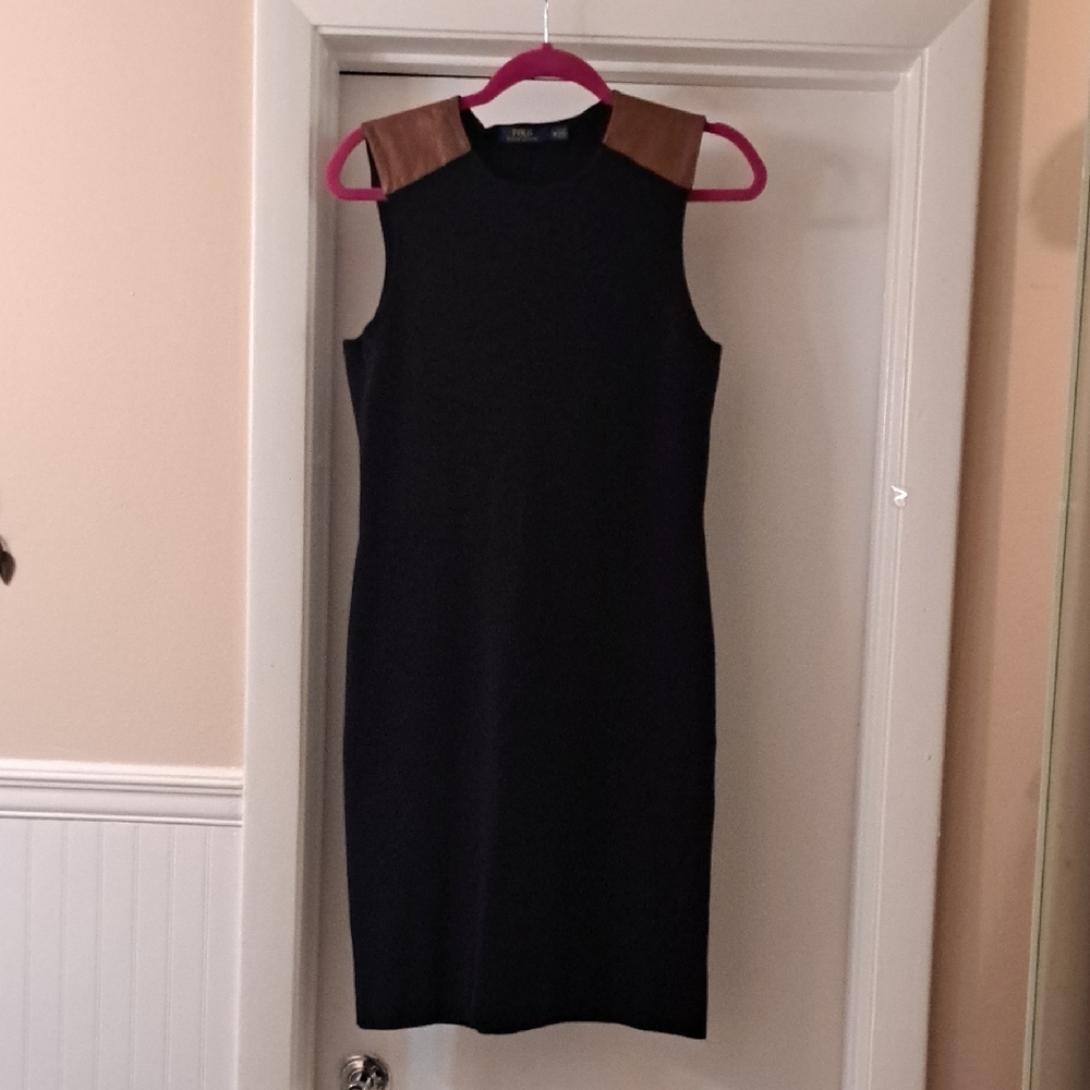 Polo Ralph Lauren Black Knit Sleveless Dress w/ Leather Trim on Shoulder SzM EUC